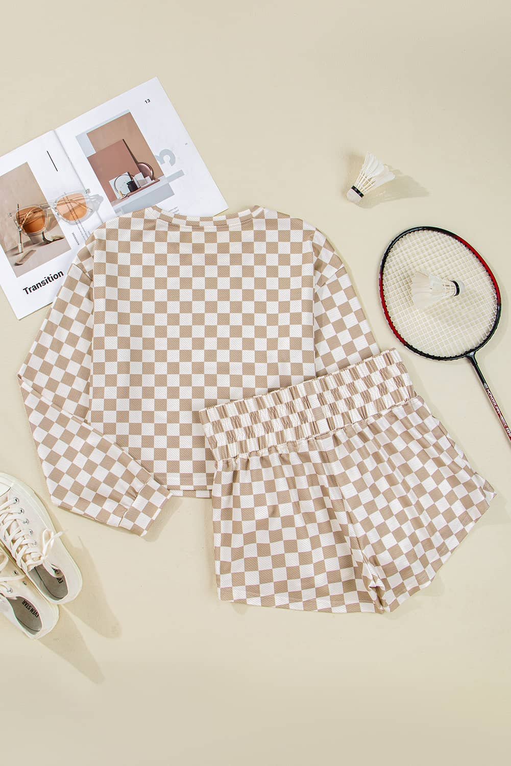 Khaki Checkered Long Sleeve Crop Top High Waist Skort 2Pcs Set