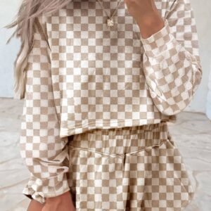 Khaki Checkered Long Sleeve Crop Top High Waist Skort 2Pcs Set