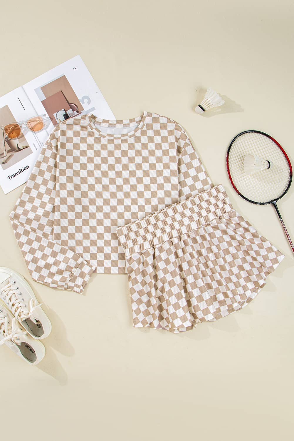 Khaki Checkered Long Sleeve Crop Top High Waist Skort 2Pcs Set