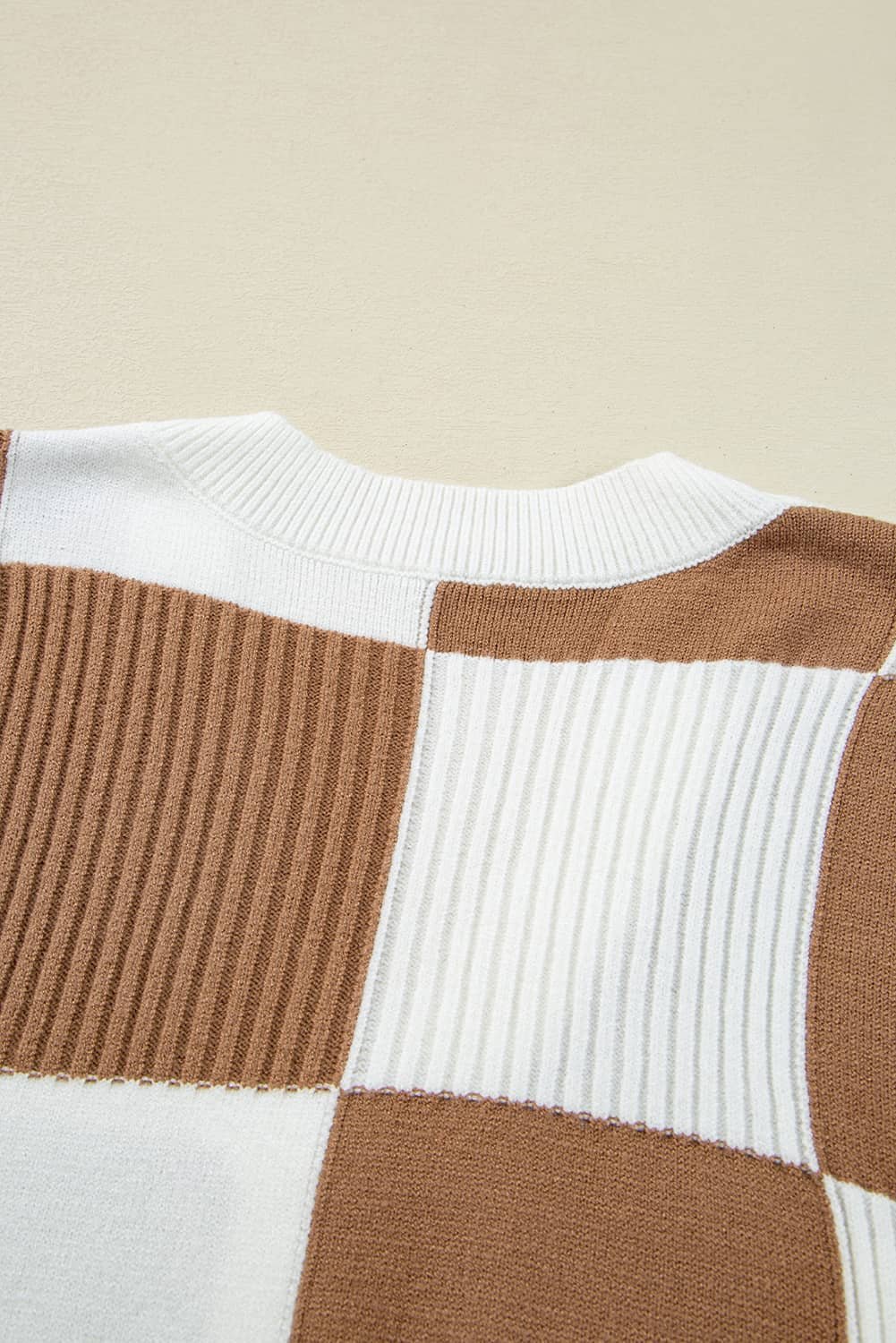 Khaki Checkered Pattern Ribbed Detail Button V Neck Sweater Cardigan