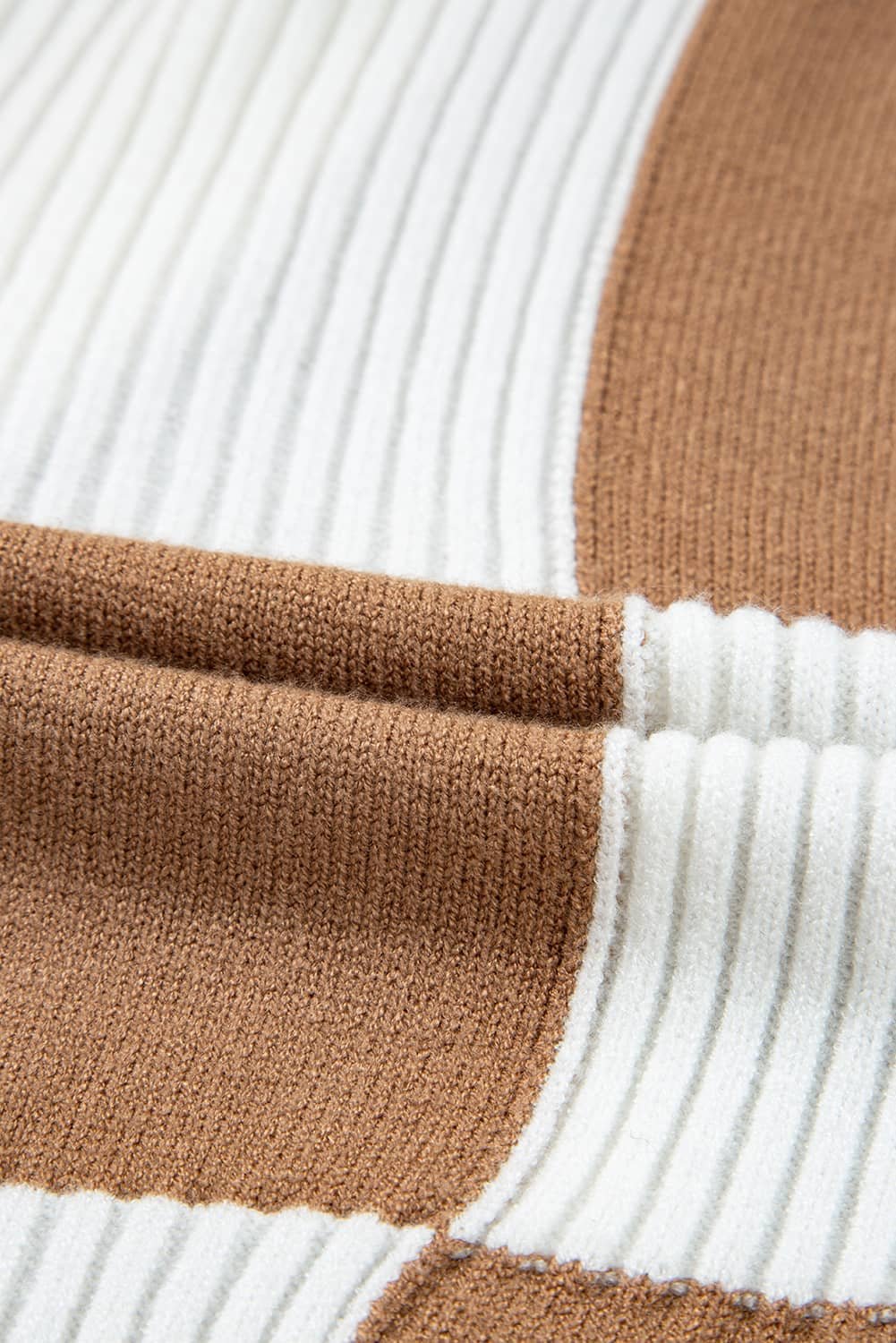 Khaki Checkered Pattern Ribbed Detail Button V Neck Sweater Cardigan