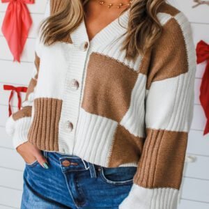 Khaki Checkered Pattern Ribbed Detail Button V Neck Sweater Cardigan