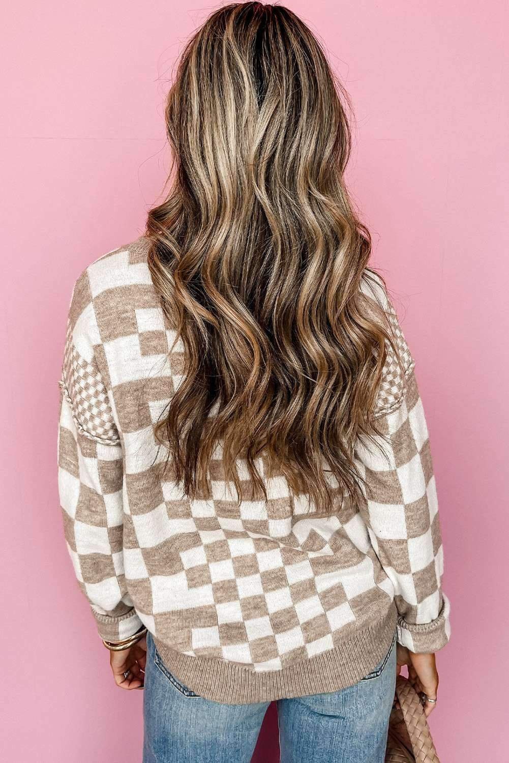 Khaki Checkered Print Drop Shoulder Round Neck Sweater