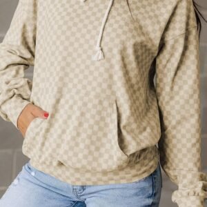Khaki Checkered Print Kangaroo Pocket Drawstring Hoodie