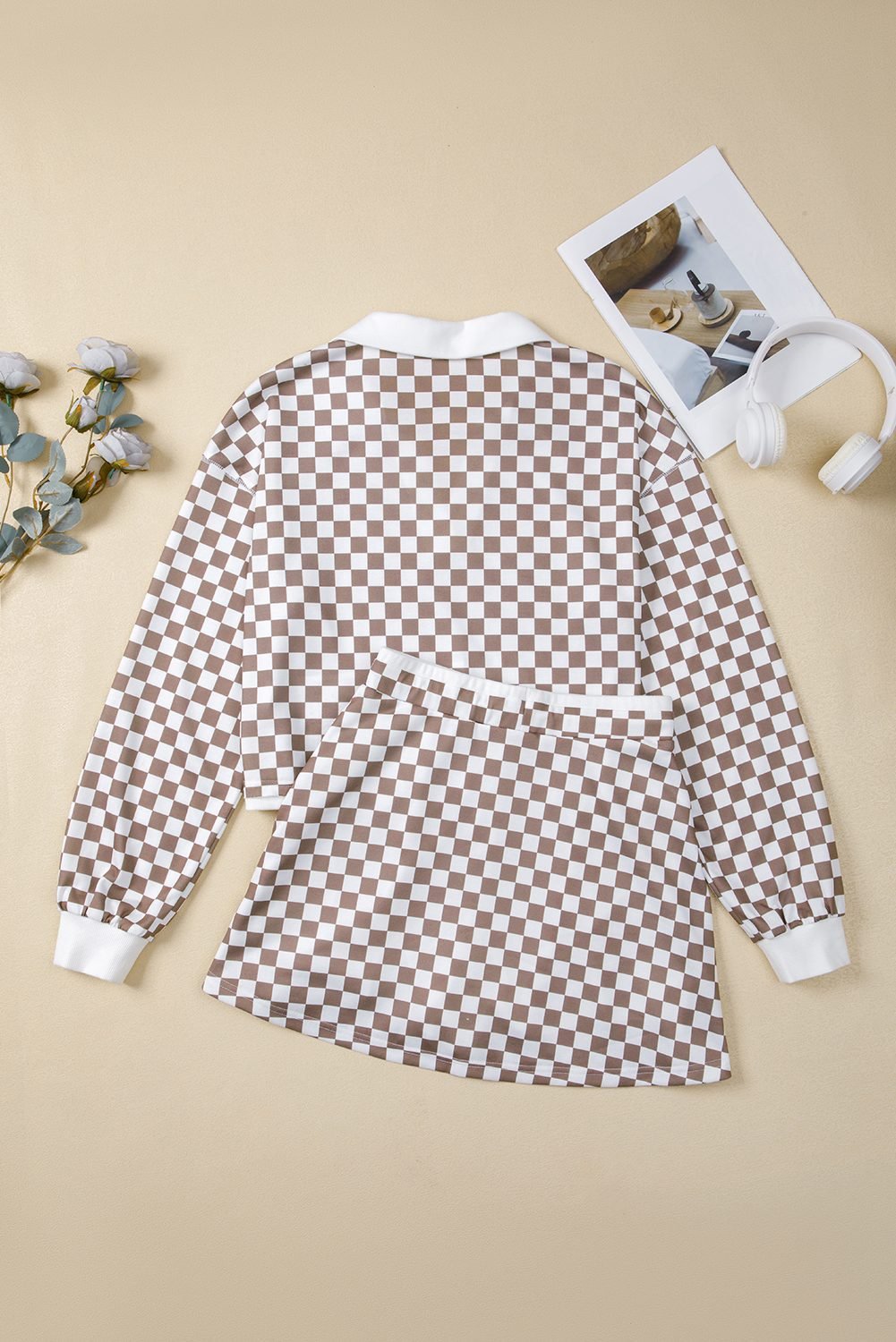 Khaki Checkered Print Polo Collar Cropped Long Sleeve Top Drawstring Mini Skirt Set