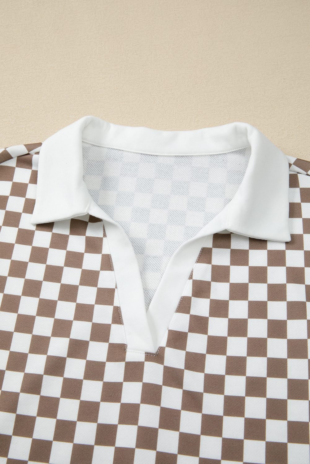 Khaki Checkered Print Polo Collar Cropped Long Sleeve Top Drawstring Mini Skirt Set