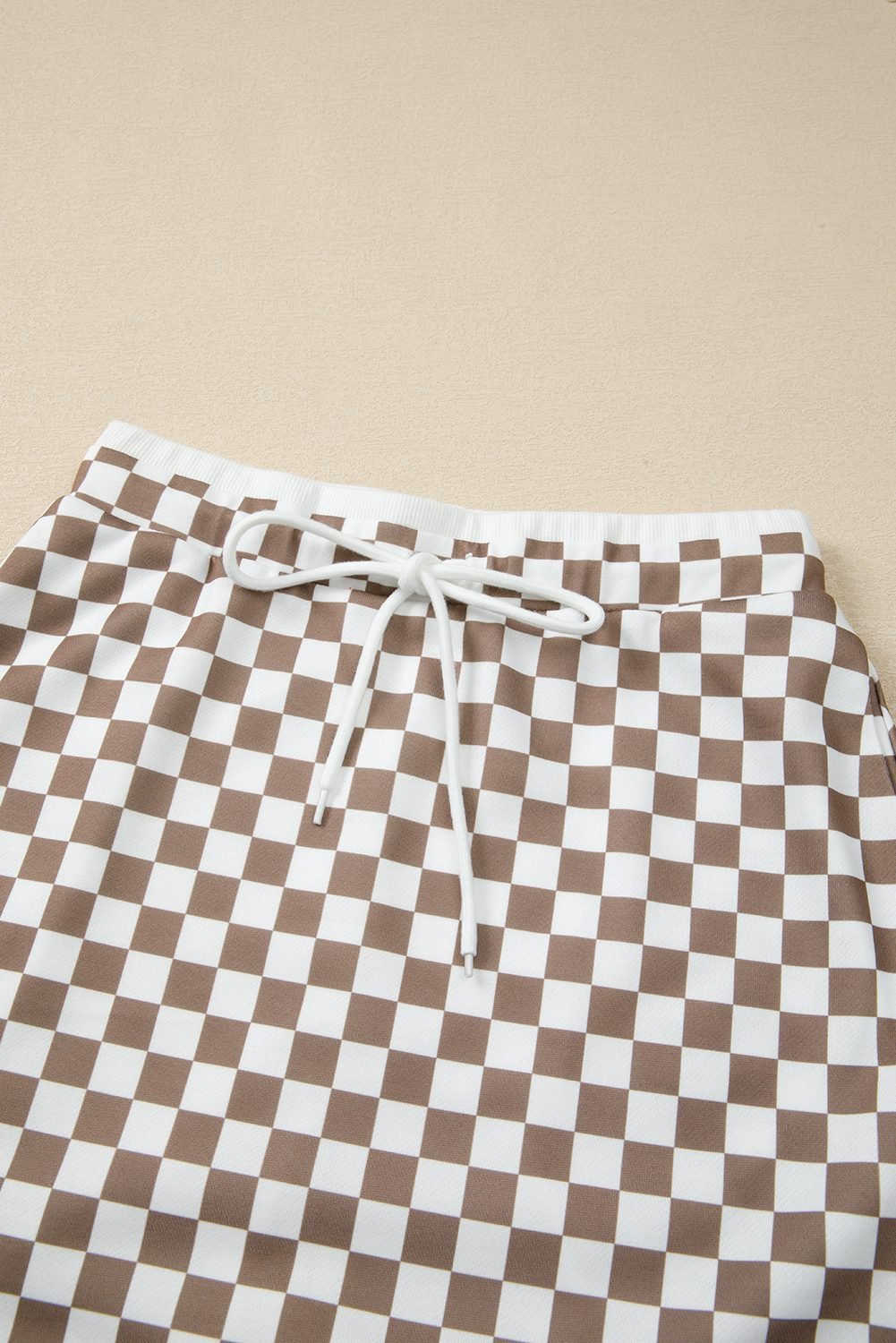 Khaki Checkered Print Polo Collar Cropped Long Sleeve Top Drawstring Mini Skirt Set