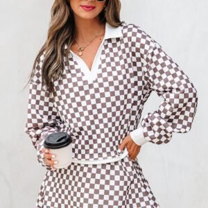 Khaki Checkered Print Polo Collar Cropped Long Sleeve Top Drawstring Mini Skirt Set