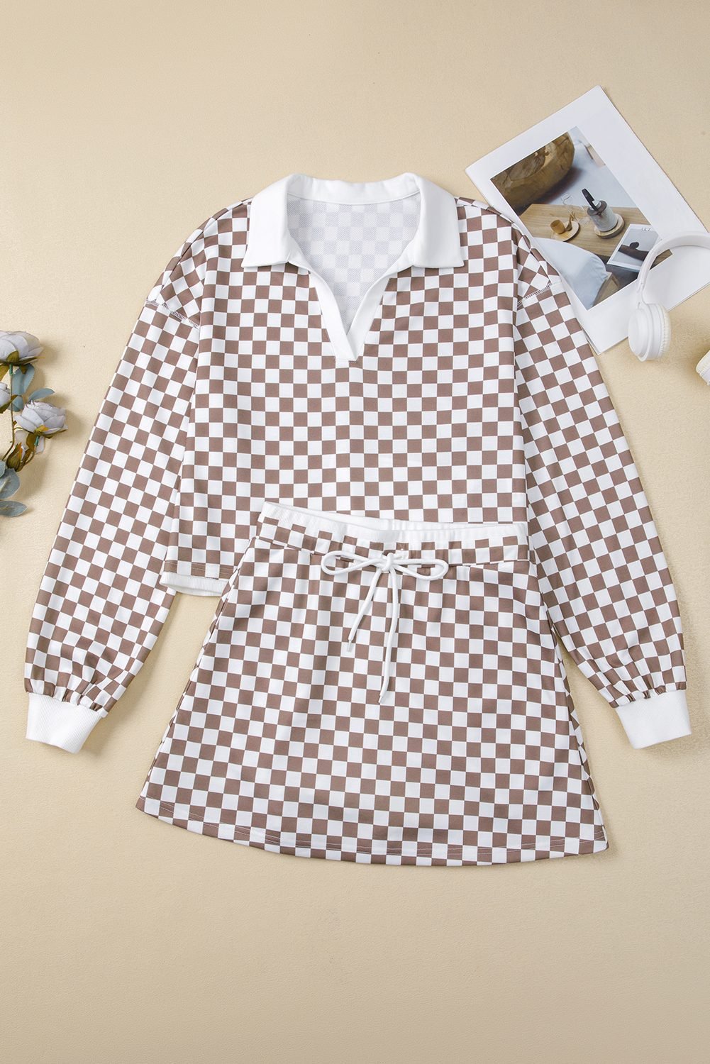 Khaki Checkered Print Polo Collar Cropped Long Sleeve Top Drawstring Mini Skirt Set
