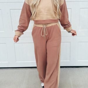 Khaki Color Block Long Sleeve Crop Top Drawstring Pant Set