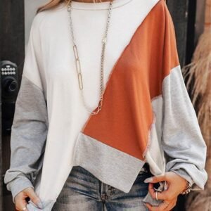 Khaki Colorblock Stitching Irregular Hem Long Sleeve Top