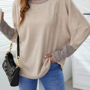 Khaki Contrast Cuffs Batwing Sleeve Loose Top