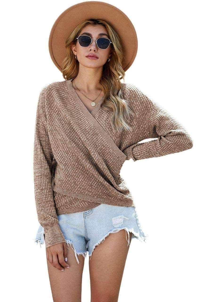 Khaki Deep V-Neck Long Sleeve Knit Sweater