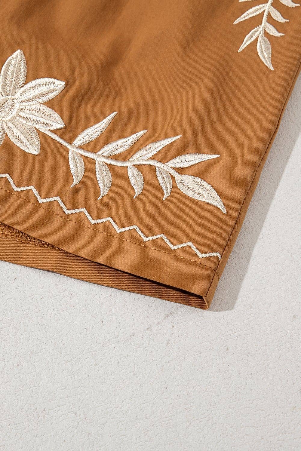 Khaki Embroidered Boho Tasseled Drawstring Elastic Waist Casual Shorts