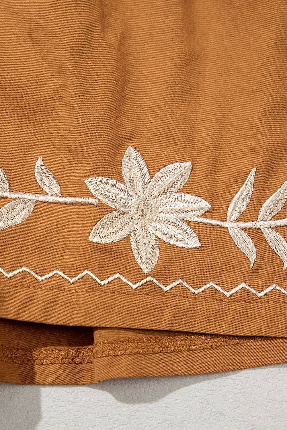 Khaki Embroidered Boho Tasseled Drawstring Elastic Waist Casual Shorts