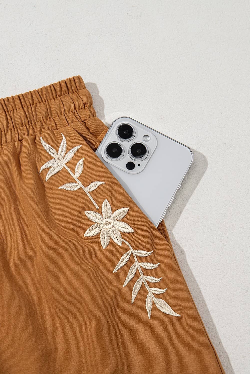 Khaki Embroidered Boho Tasseled Drawstring Elastic Waist Casual Shorts