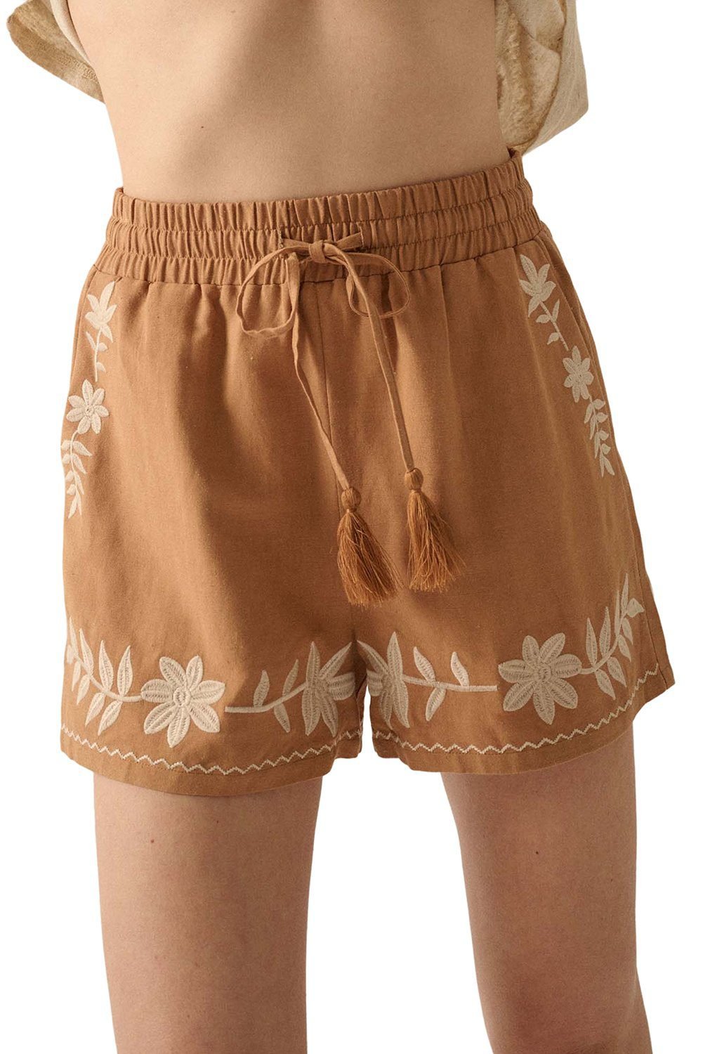 Khaki Embroidered Boho Tasseled Drawstring Elastic Waist Casual Shorts