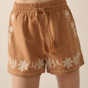 Khaki Embroidered Boho Tasseled Drawstring Elastic Waist Casual Shorts