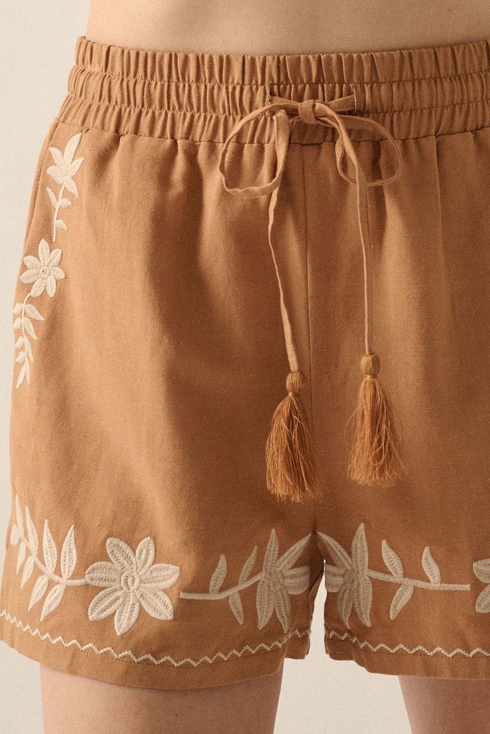 Khaki Embroidered Boho Tasseled Drawstring Elastic Waist Casual Shorts
