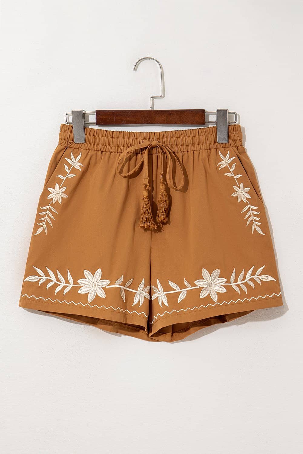 Khaki Embroidered Boho Tasseled Drawstring Elastic Waist Casual Shorts