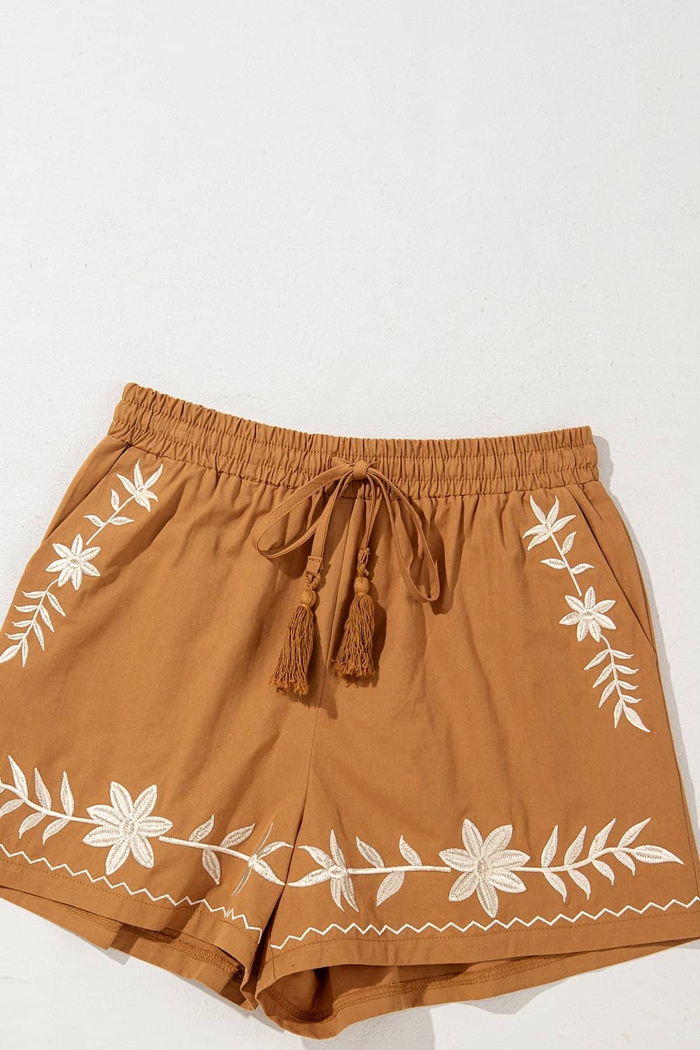Khaki Embroidered Boho Tasseled Drawstring Elastic Waist Casual Shorts