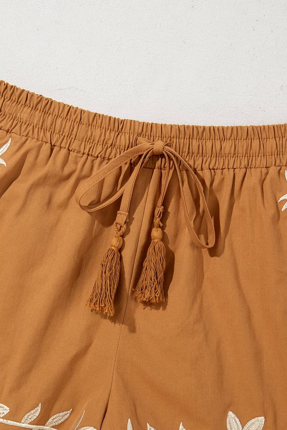 Khaki Embroidered Boho Tasseled Drawstring Elastic Waist Casual Shorts