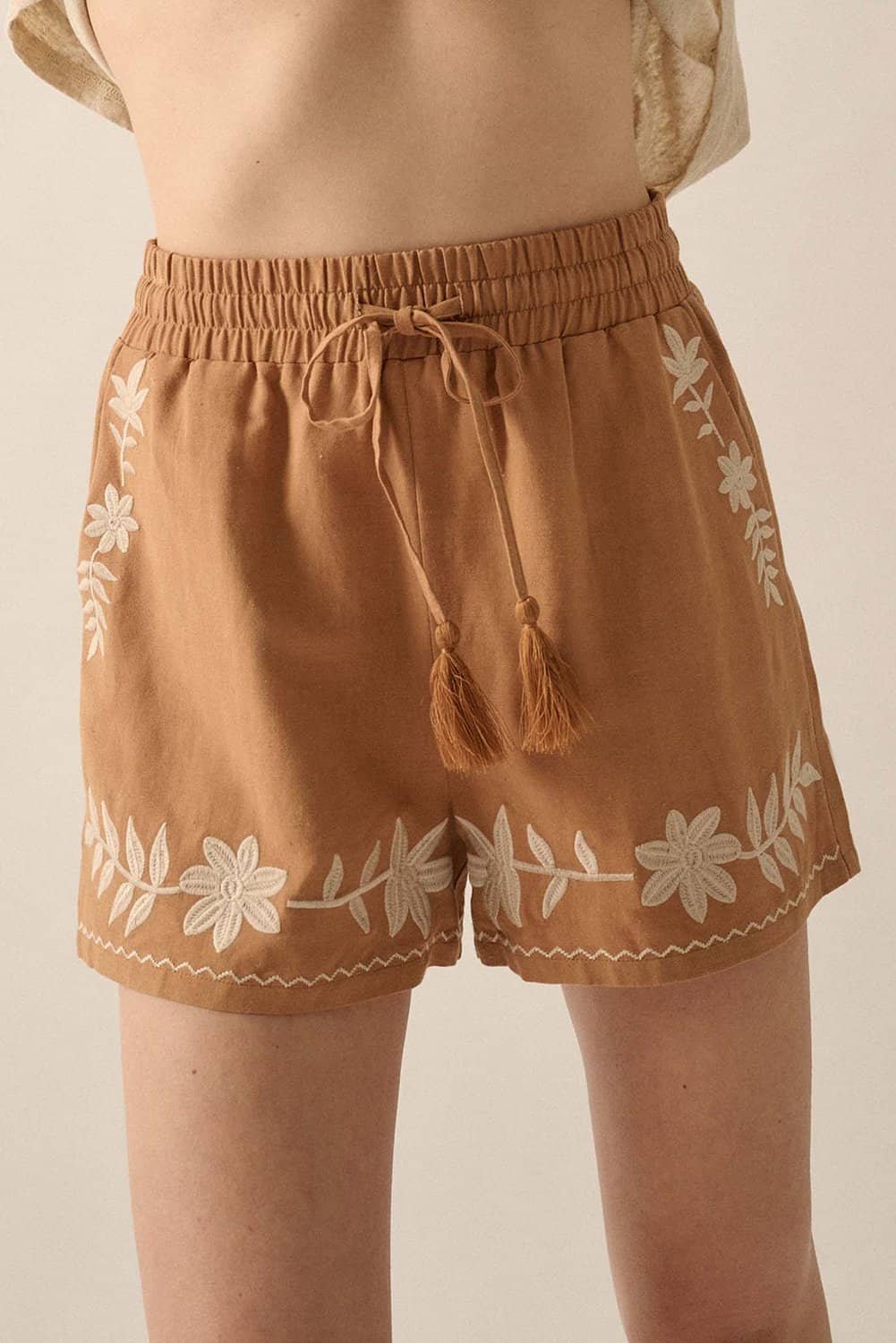 Khaki Embroidered Boho Tasseled Drawstring Elastic Waist Casual Shorts