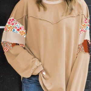 Khaki Exposed Seam Floral Mixed Patchwork Relaxed Plus Size Top