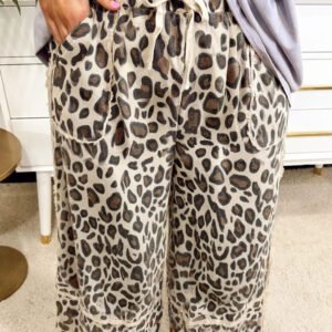 Khaki Exposed Seam Patched Pocket Plus Size Drawstring Leopard Wide Leg Pants