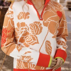 Khaki Floral Half Zip Collared Pullover Sweater