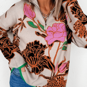 Khaki Floral Pattern Knit Quarter Zip Stand Neck Sweater