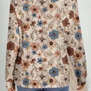 Khaki Floral Print Loose Crew Neck Long Sleeve T Shirt