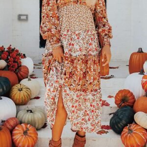 Khaki Floral Print Ruffled Tiered Long Sleeve V Neck Midi Dress