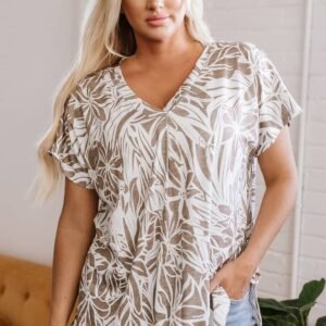 Khaki Floral Print V Neck Short Sleeve Loose Fit Blouse