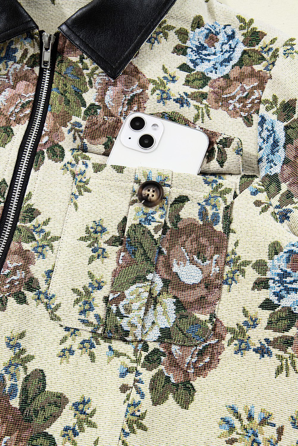 Khaki Floral Print Zip Up Contrast Collared Jacket