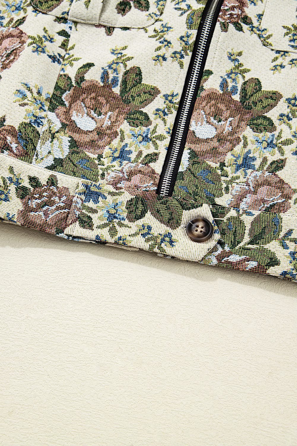Khaki Floral Print Zip Up Contrast Collared Jacket