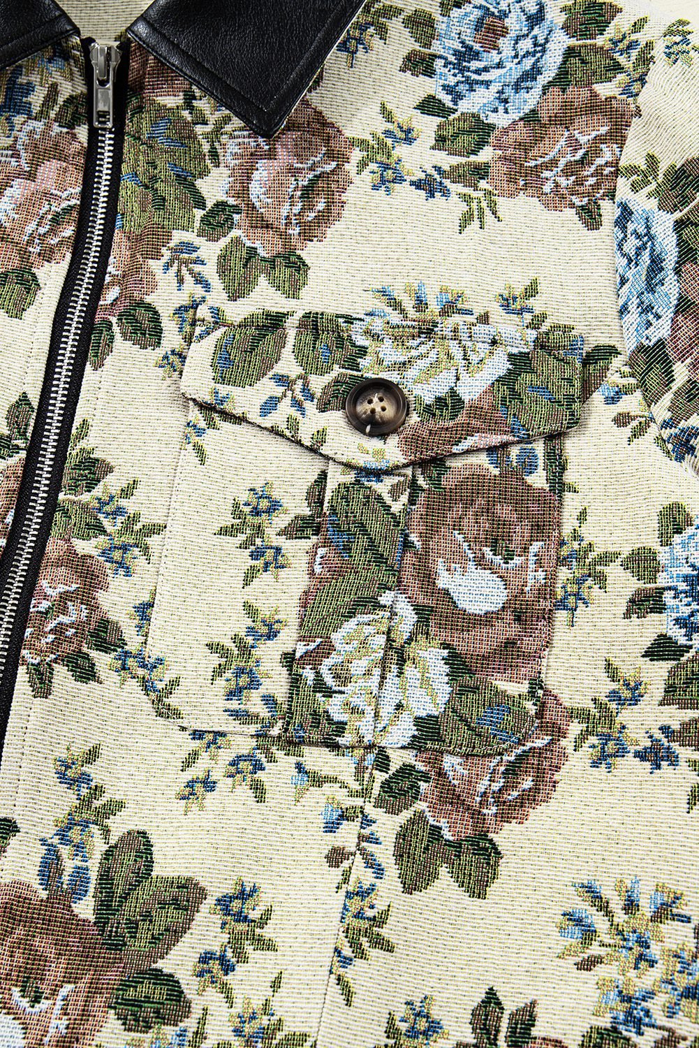 Khaki Floral Print Zip Up Contrast Collared Jacket