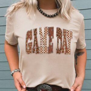 Khaki Game Day Rugby Checkered Letter Graphic T Shirt