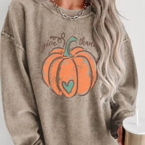 Khaki Give Thanks Pumpkin Graphic Corded Sweatshirt