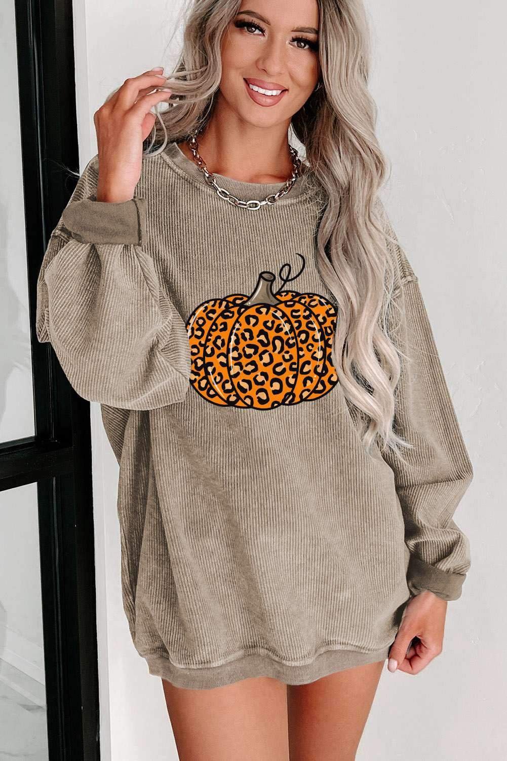 Khaki Halloween Leopard Pumpkin Graphic Corded Sweatshirt