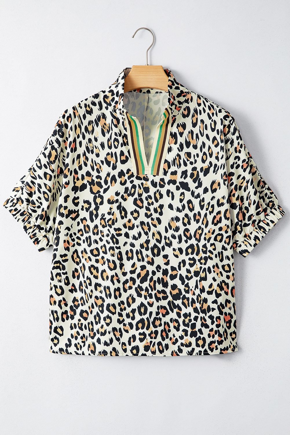 Khaki Leopard Color Block Contrast Striped V Neck Half Sleeve Loose Fit Blouse