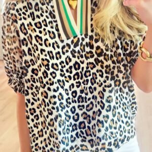 Khaki Leopard Color Block Contrast Striped V Neck Half Sleeve Loose Fit Blouse