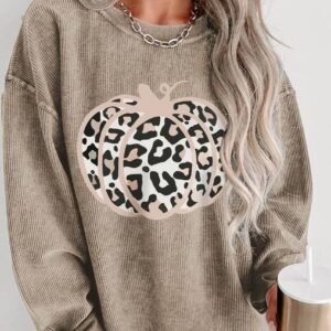 Khaki Leopard Halloween Pumpkin Graphic Corded Sweatshirt