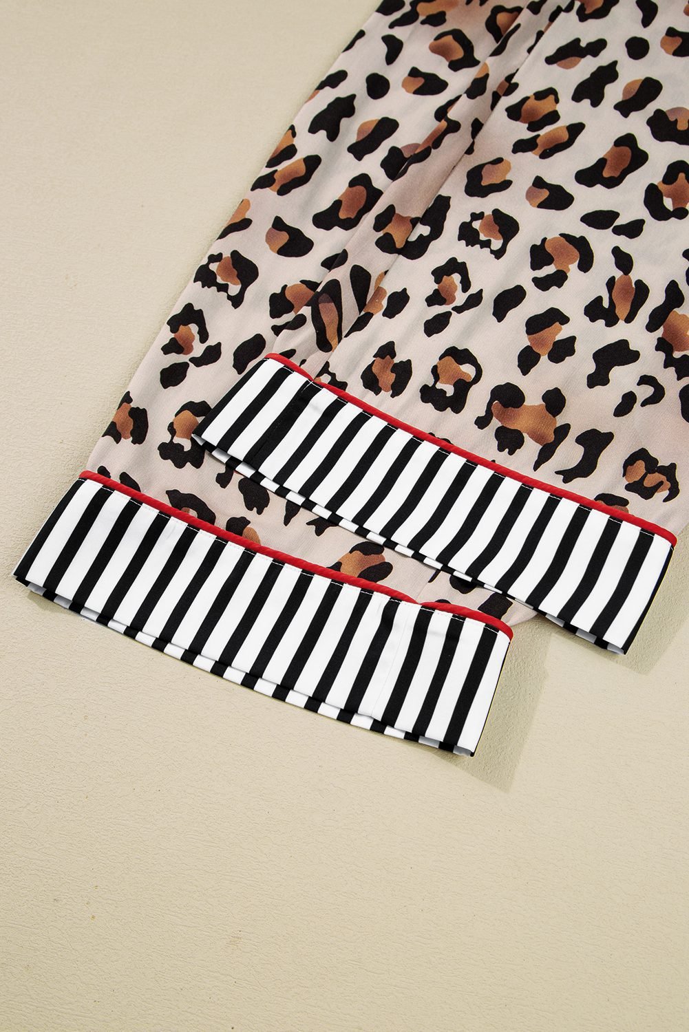 Khaki Leopard Print Colorblock Striped Edge Shirt And Pants Pajama Set