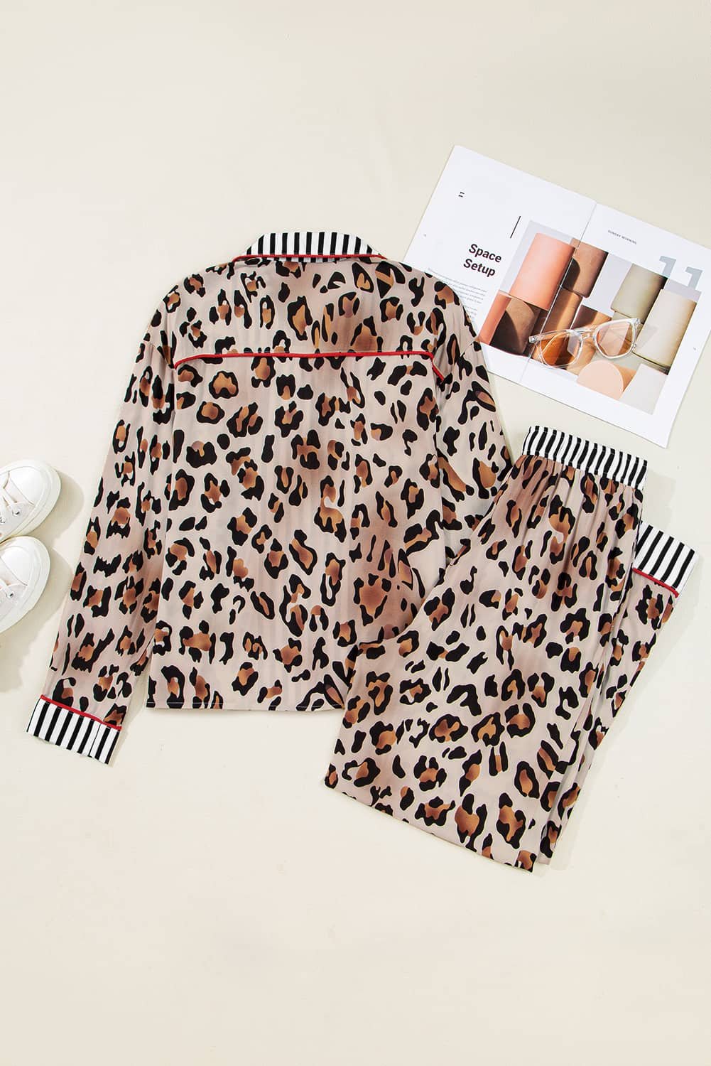 Khaki Leopard Print Colorblock Striped Edge Shirt And Pants Pajama Set