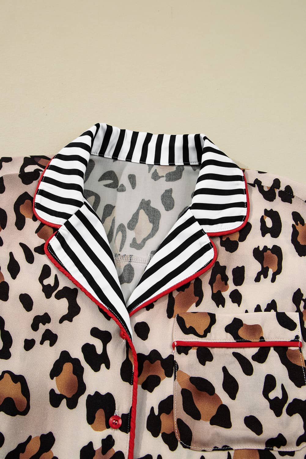 Khaki Leopard Print Colorblock Striped Edge Shirt And Pants Pajama Set