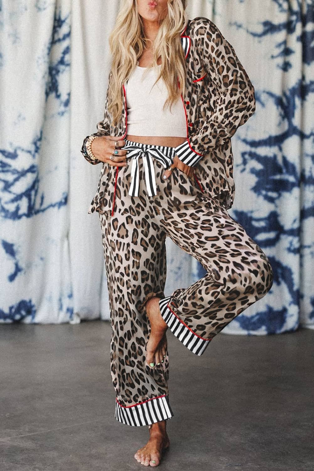 Khaki Leopard Print Colorblock Striped Edge Shirt And Pants Pajama Set
