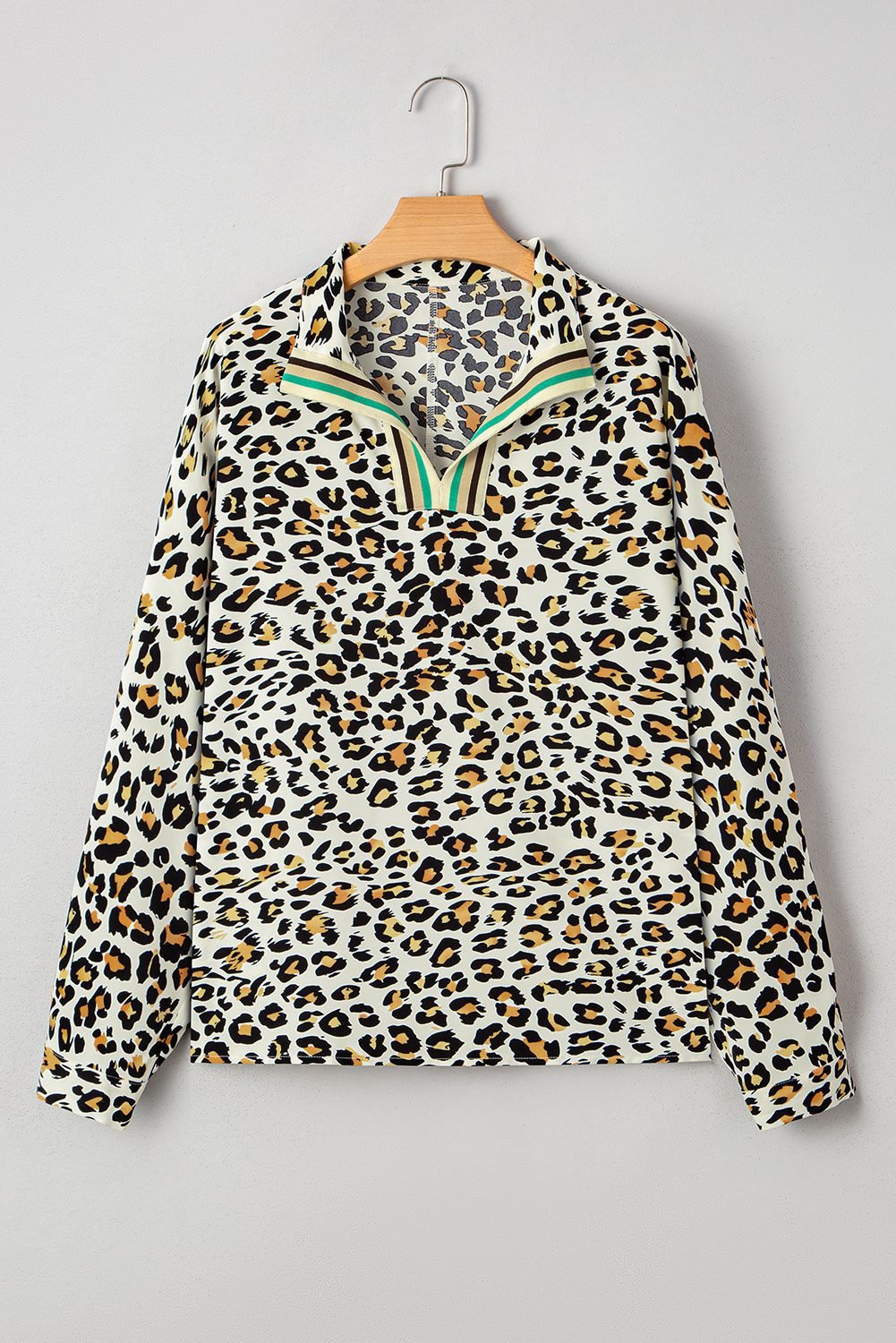 Khaki Leopard Print Contrast Striped V Neck Blouse