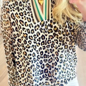 Khaki Leopard Print Contrast Striped V Neck Blouse