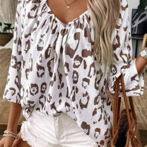 Khaki Leopard Print Ruched V Neck 3/4 Sleeve Blouse